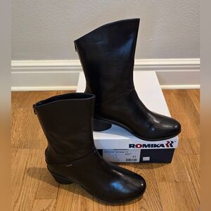 Romika Women's Daisy Black Leather Block Heel Mid-Calf Boots Shoes NWB Sz 10.5